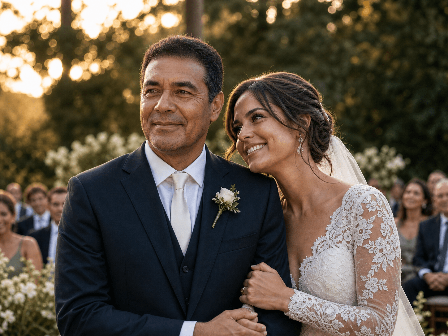 Homem em seu casamento ao lado da esposa em uma lembrança de família