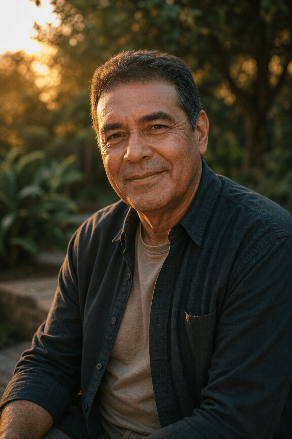 Homem sorrindo em um retrato afetivo no jardim ao entardecer