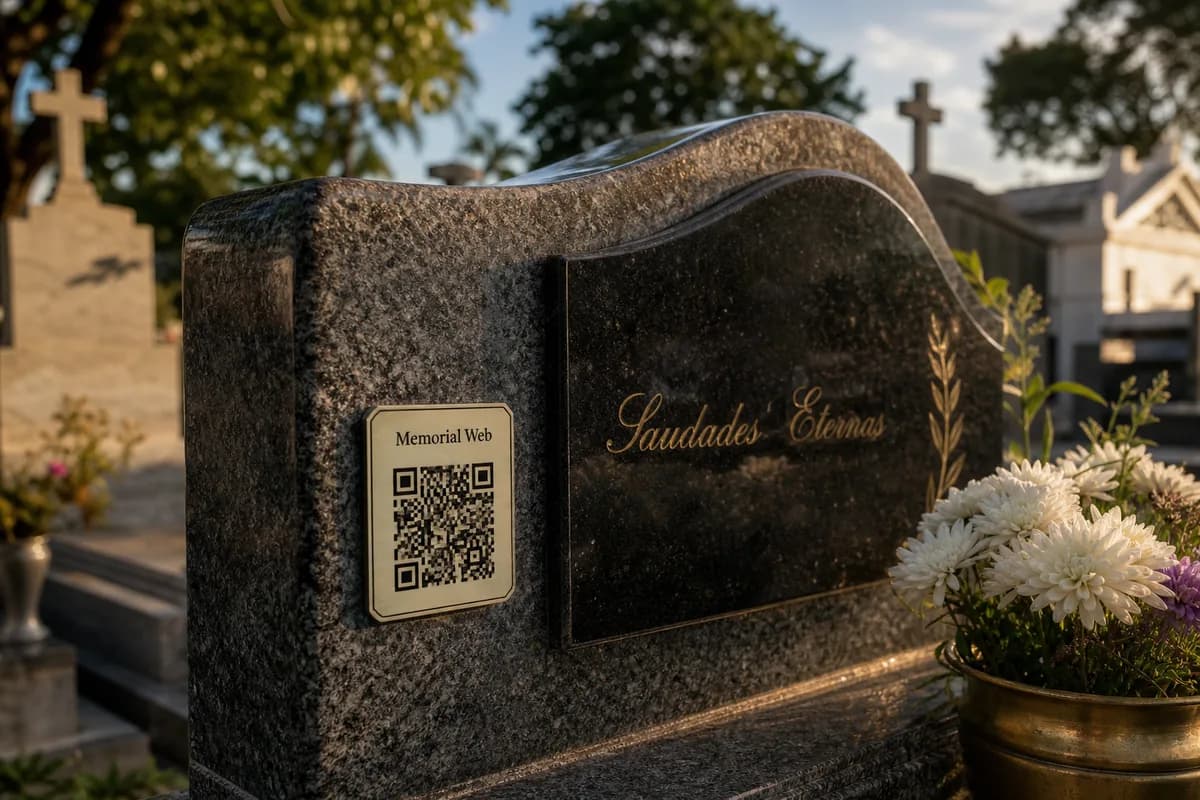 Lápide brasileira de granito com uma placa do Memorial Web e QR Code colado